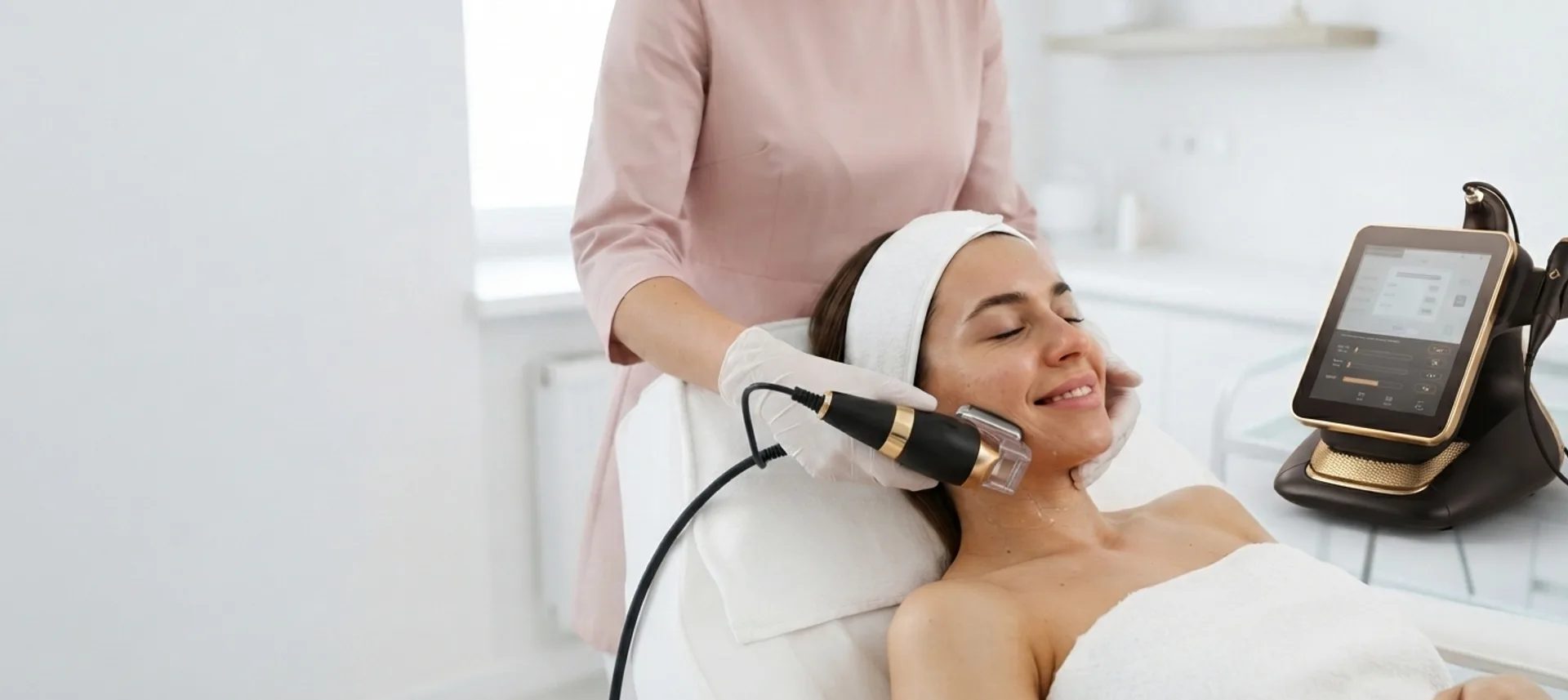 HIFU skin tightening on the jawline with the 360MAX machine in a bright clinic room