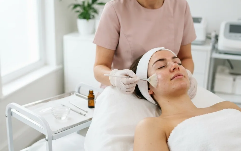 Client relaxing with a treatment mask during a professional facial in a bright clinic room
