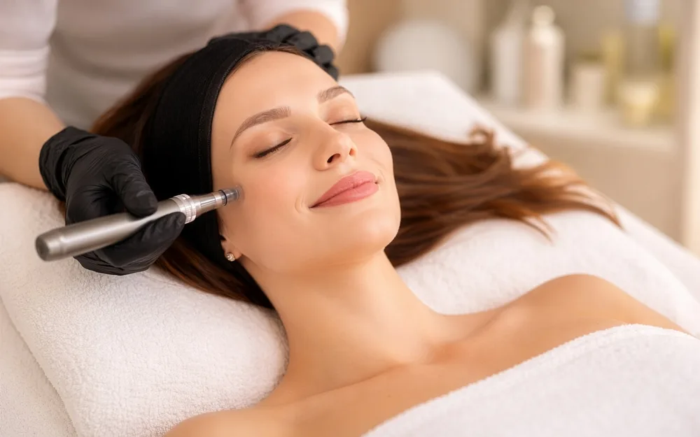 Gloved practitioner microneedling a client's cheek to treat skin texture