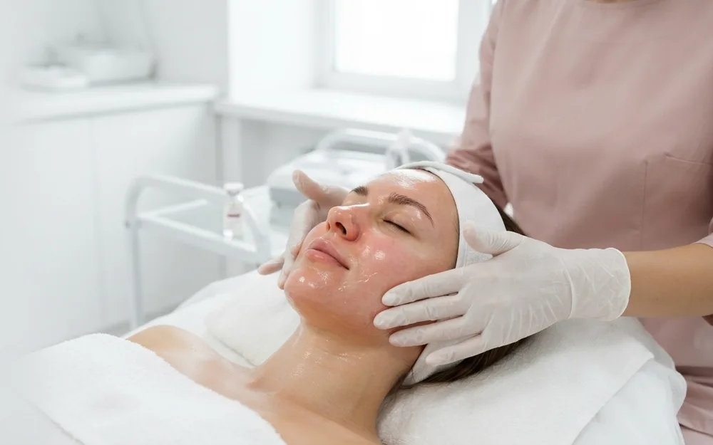 Practitioner massaging PRX-T33 into a client's cheek with gloved fingertips during a facial treatment